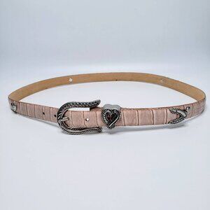 Alligator Embossed Pink Hearts Leather Thin Belt L
